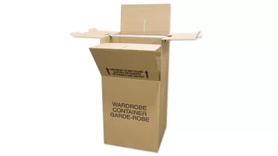 Compact Cube's durable wardrobe box for portable storage. Double wall liner, metal bar for hanging clothes up to 95 lbs.